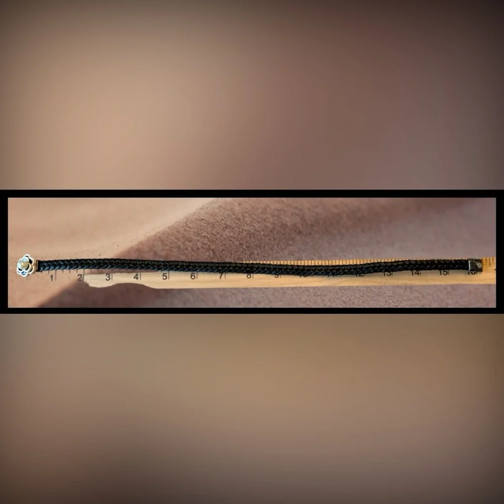 Black Braided Bracelet with Black & White Camellia Flower Charm - Picture 8 of 11